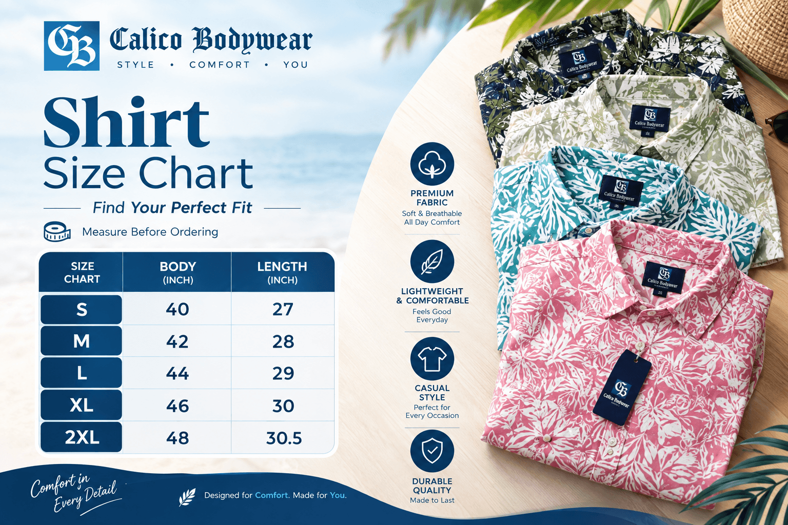 Men's Printed Half Sleeve Casual Shirt- leaf print & coral print (2 Pcs) — Size Guide