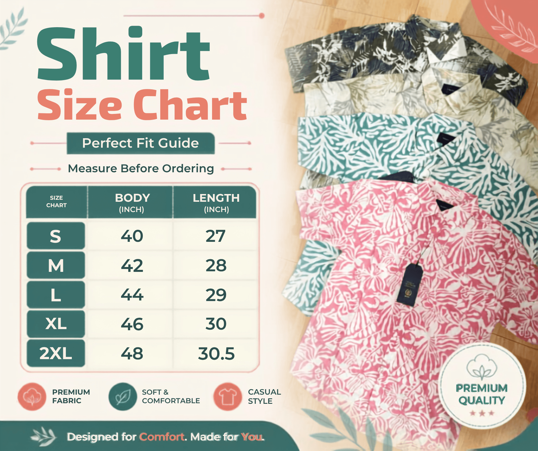 Men's Printed Half Sleeve Casual Shirt - Olive Leaf Print — Size Guide