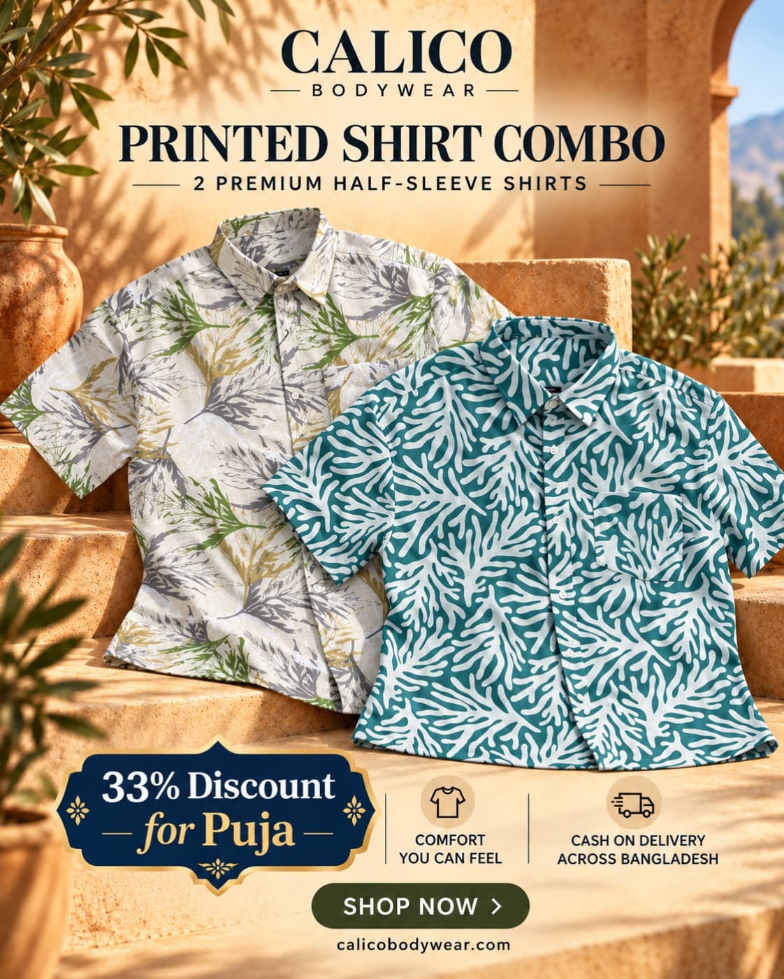 Men's Printed Half Sleeve Casual Shirt- leaf print & coral print (2 Pcs)