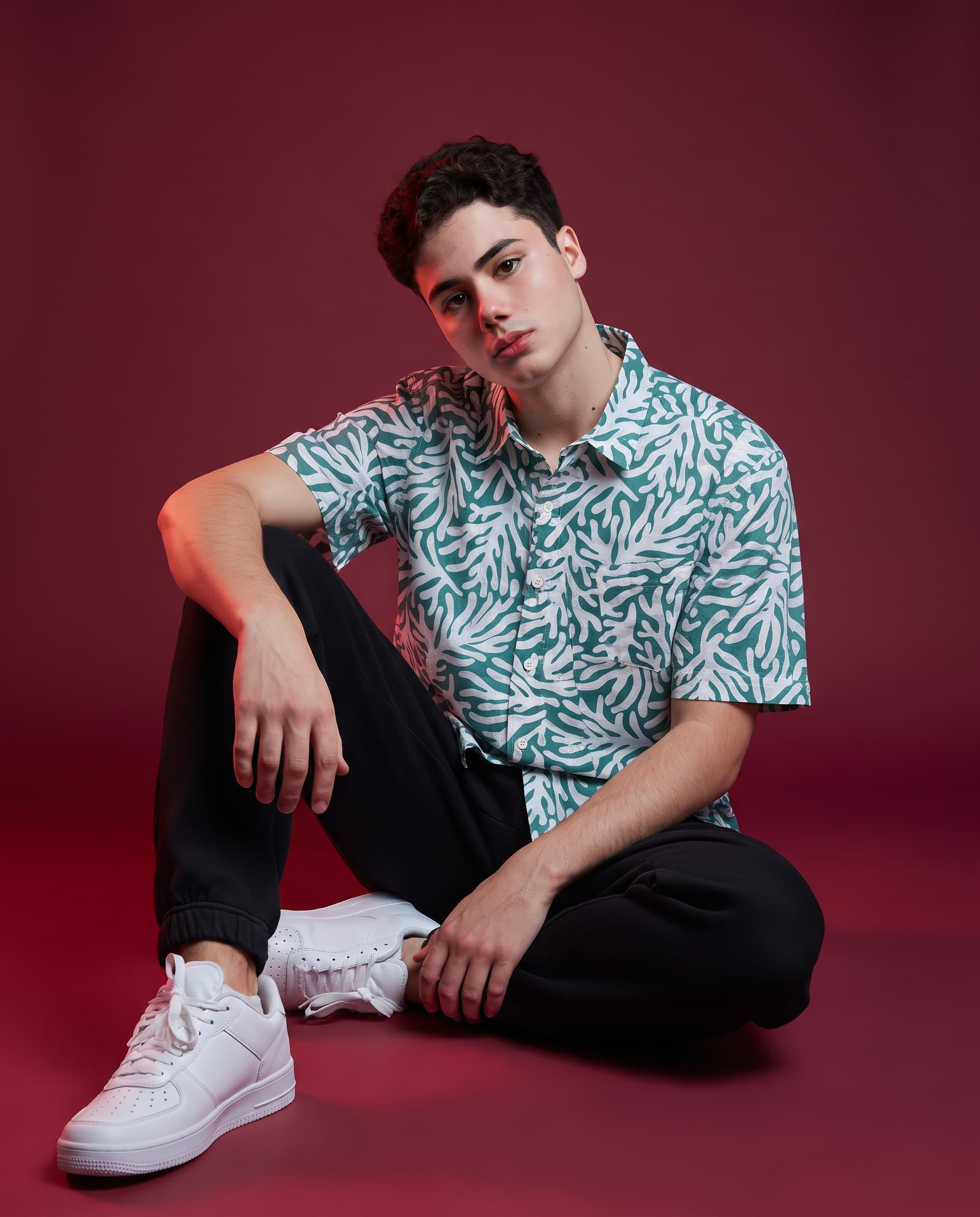 Men's Printed Half Sleeve Casual Shirt - Teal Coral Leaf Print