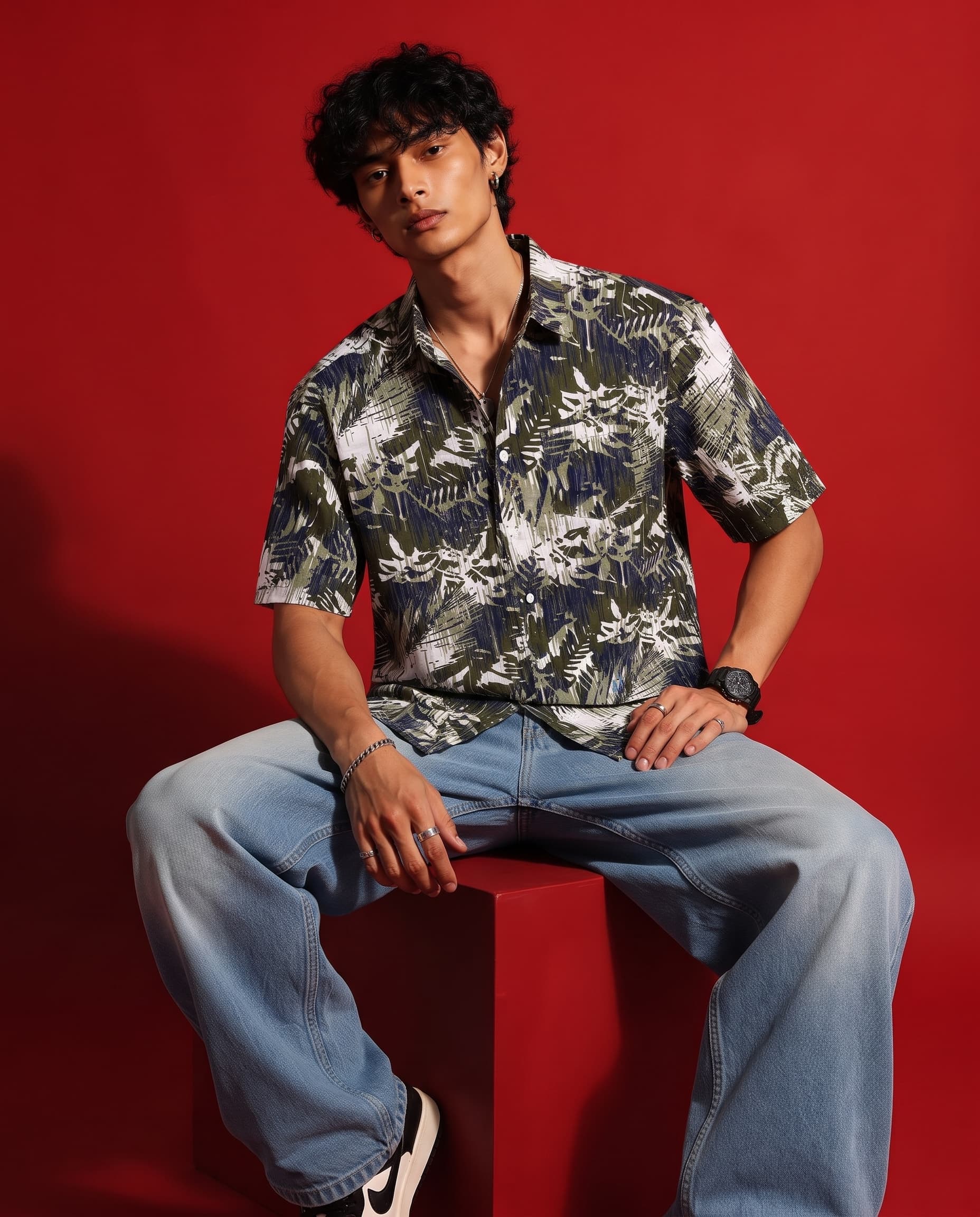 Men's Printed Half Sleeve Casual Shirt - Green Camo Leaf Print