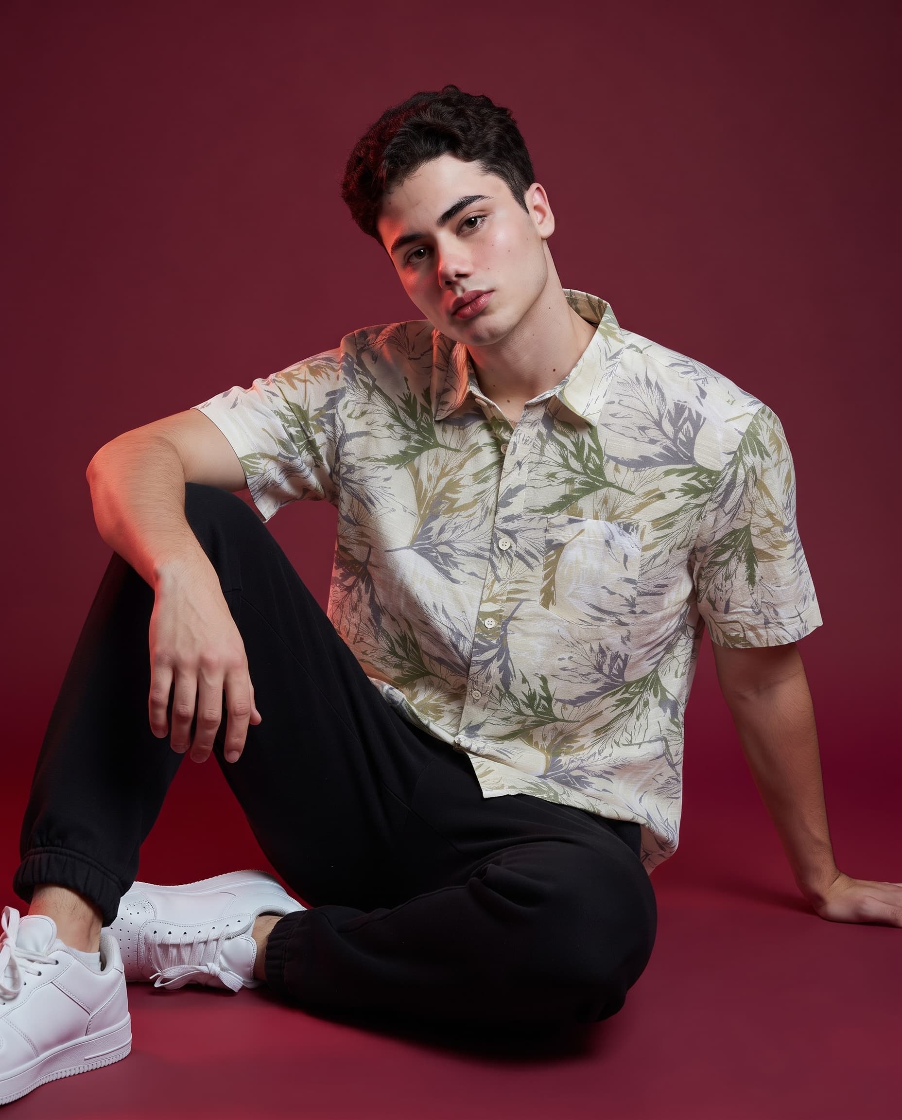 Men's Printed Half Sleeve Casual Shirt - Olive Leaf Print