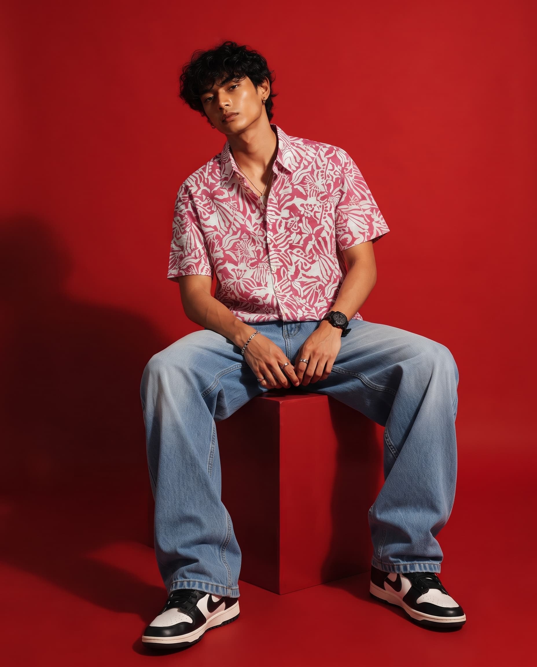 Men's Printed Half Sleeve Casual Shirt - Pink Floral Print